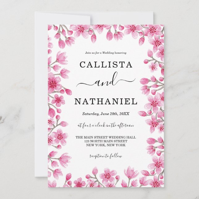 Invitación Boda de la frontera floral con flores de cerezo ja (Anverso)