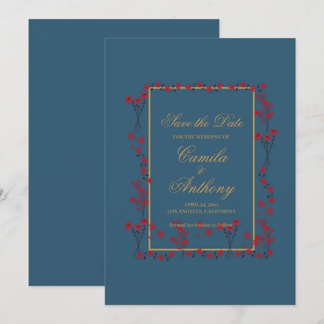 Invitación Boda De La Frontera Floral De Oro Rojo De La Marin (Anverso / Reverso)