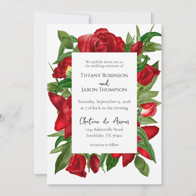 Invitación Boda de la frontera floral roja encantadora (Anverso)
