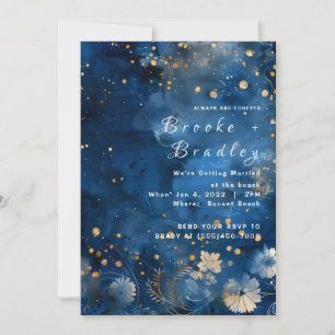Invitación Boda de la Galaxia Floral Azul Medianoche