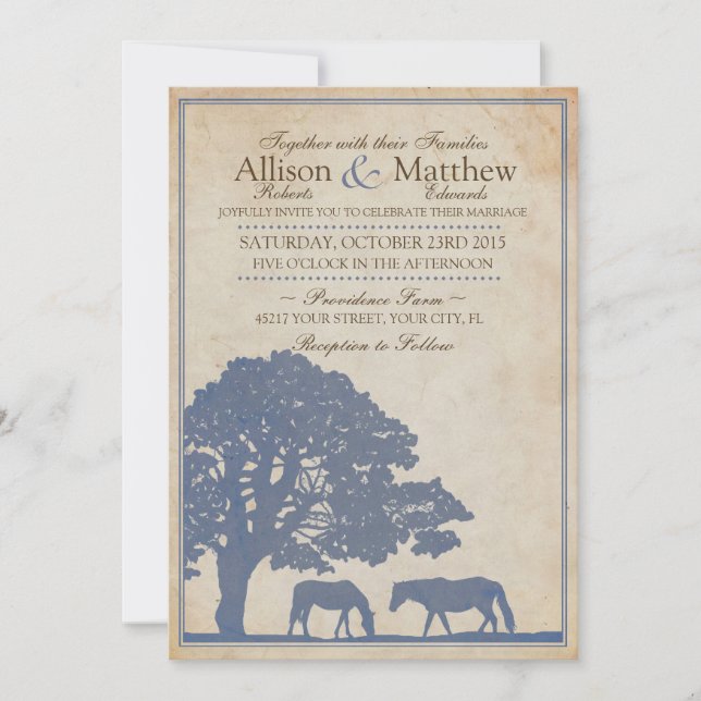 Invitación Boda de la granja de caballos azul y marfil (Anverso)