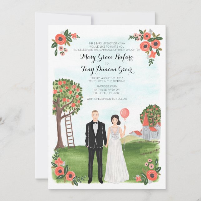 Invitación Boda de la granja de retrato de pareja ilustrada p (Anverso)