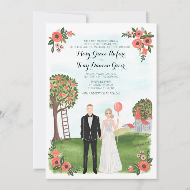 Invitación Boda de la granja de retrato de pareja ilustrada p (Anverso)