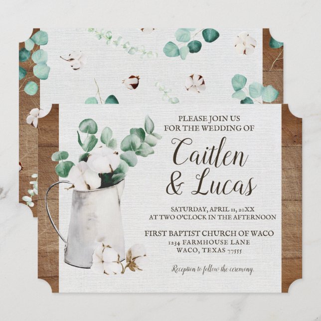 Invitación Boda de la granja Eucalyptus Cotton Stem Shiplap (Anverso / Reverso)
