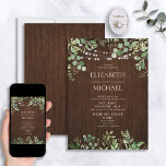 Invitación Boda de la Granja Rustic Botanicals String Lights<br><div class="desc">Crea la invitación perfecta a la Boda Rústica con este diseño con eucalipto acuarela y vegetación botánica de helecho,  sobre un fondo de madera de granero. (¡Originalmente diseñado teniendo en mente al rústico boda forestal de mi sobrino en Washington!) Copyright Elegant Invita,  todos los derechos reservados.</div>