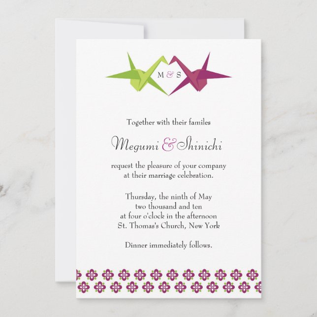 Invitación Boda de la grúa de papel original (Anverso)