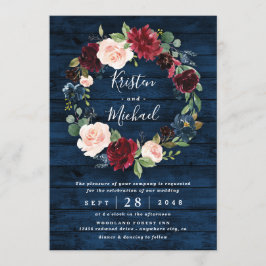 Invitación Boda de la guirnalda de color azul borgoña Rubor