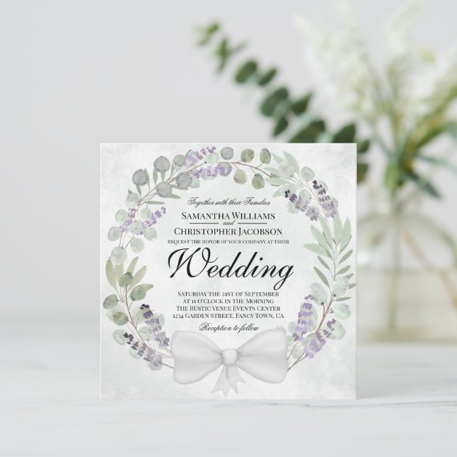 Invitación Boda de la guirnalda de eucalipto y lavanda rústic (Anverso de pie)