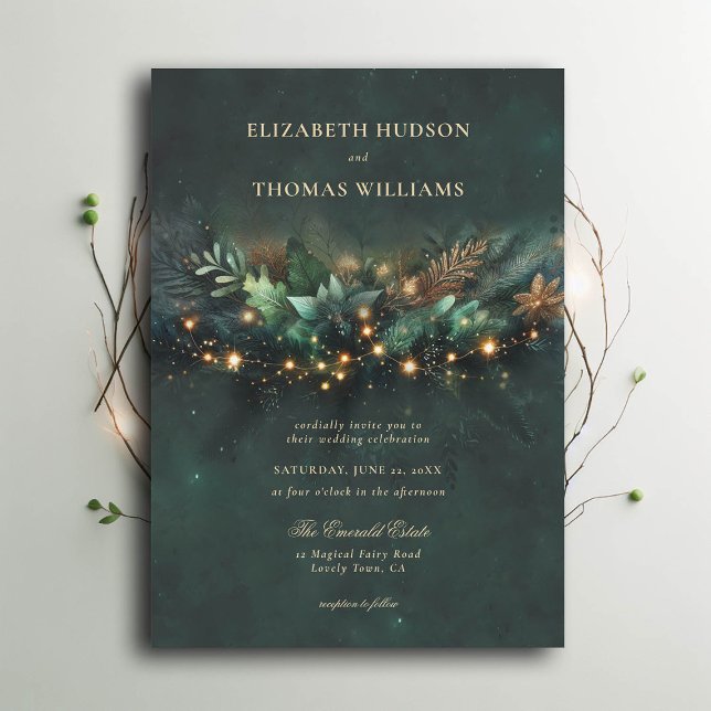 Invitación Boda de la guirnalda de oro encantado de los bosqu (enchanted forest wedding invitation emerald gold wreath typography modern classic)