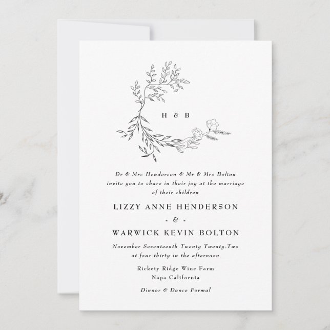 Invitación Boda de la guirnalda del monograma floral de leafí (Anverso)
