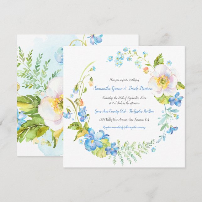 Invitación Boda de la guirnalda floral azul y blanca (Anverso / Reverso)