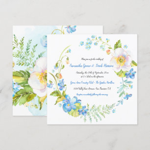 Invitación Boda de la guirnalda floral azul y blanca