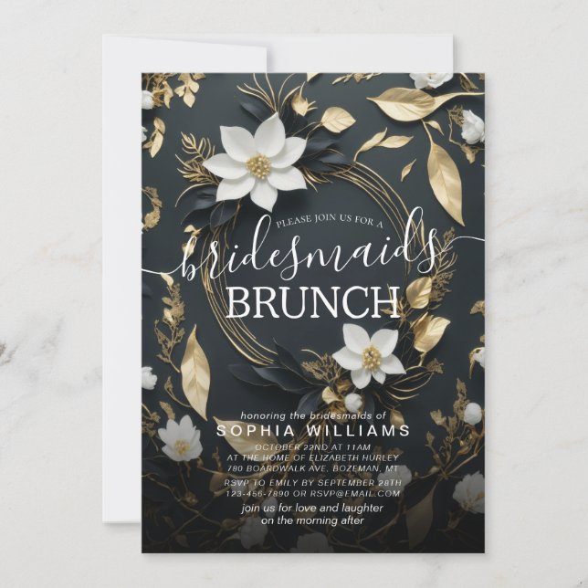 Invitación Boda de la guirnalda floral de oro blanco brunch (Anverso)