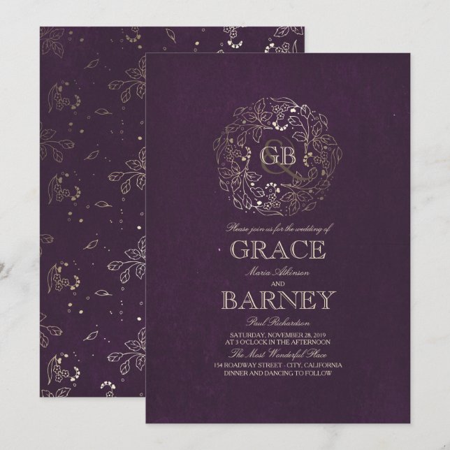 Invitación Boda de la guirnalda floral dorada monograma de la (Anverso / Reverso)