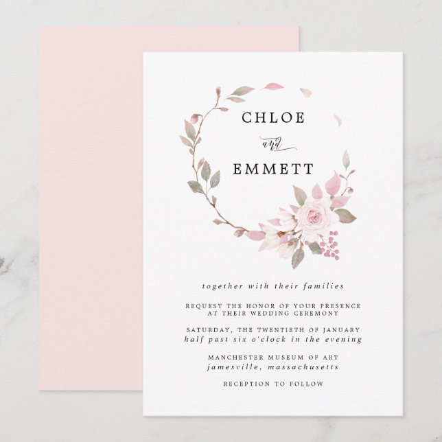 Invitación Boda de la guirnalda rosa rosa del Boho moderno (Anverso / Reverso)
