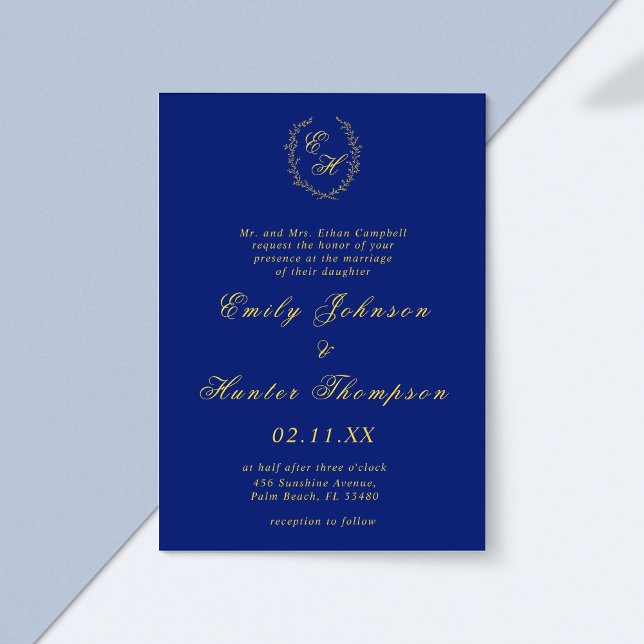 Invitación Boda de la guirnalda Royal Blue and Gold Monogram  (Subido por el creador)