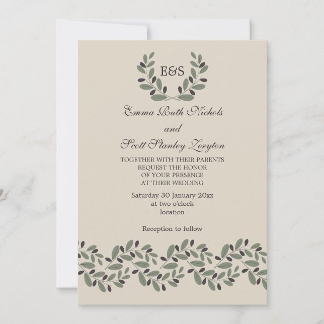 Invitación Boda de la guirnalda y la guirnalda del olivo (Anverso)