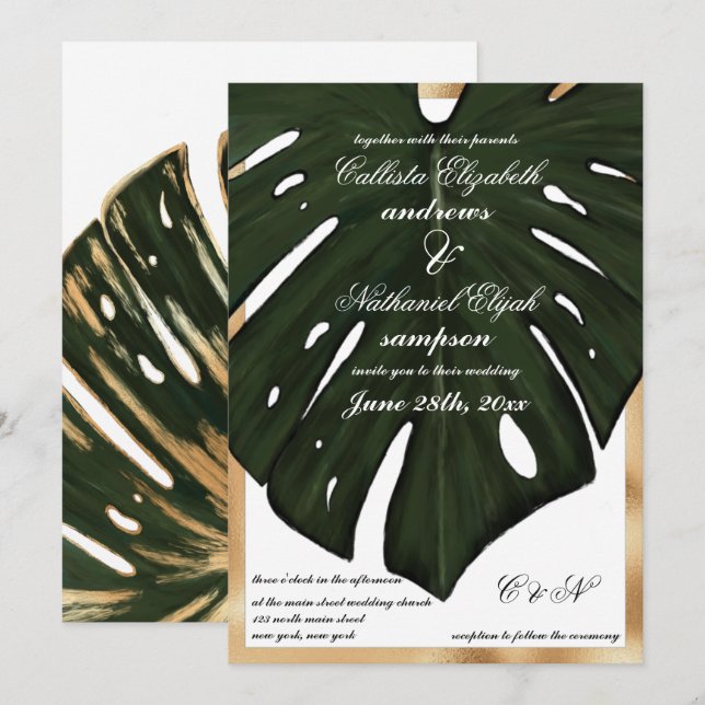 Invitación Boda de la hoja de oro verde tropical moderno Mons (Anverso / Reverso)