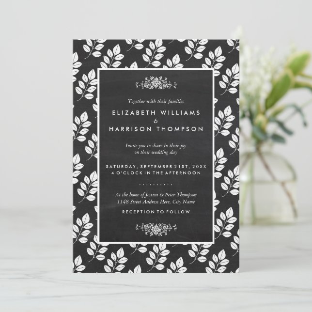 Invitación Boda de la hoja floral de Chalkboard (Anverso de pie)