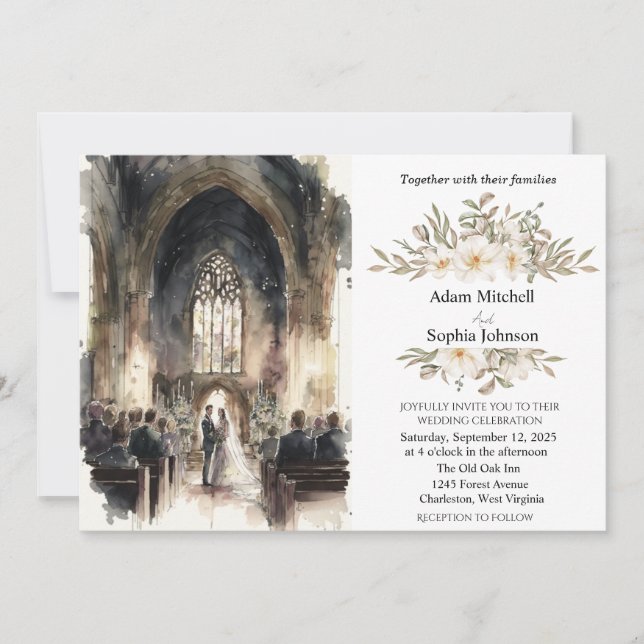 Invitación Boda de la iglesia acuarela tradicional (Anverso)