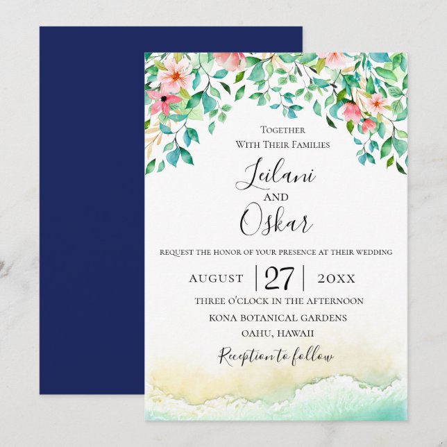 Invitación Boda de la isla coral botánica (Anverso / Reverso)