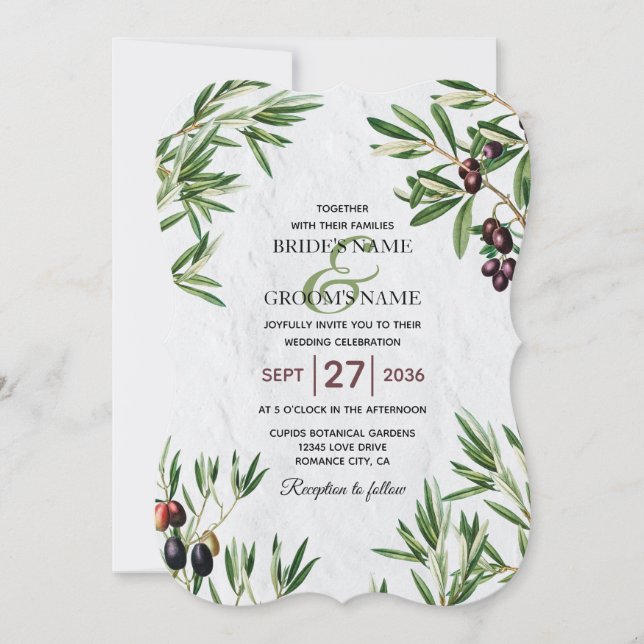 Invitación Boda de la isla griega mediterránea de hojas de ol (Anverso)