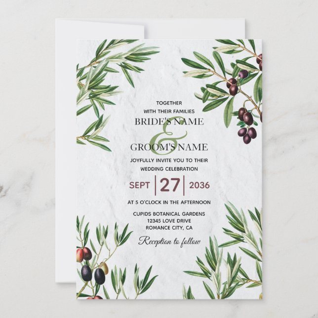 Invitación Boda de la isla griega mediterránea de hojas de ol (Anverso)