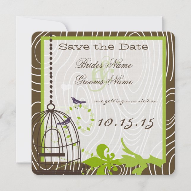 Invitación Boda de la jaula de pájaros del grano de madera ve (Anverso)