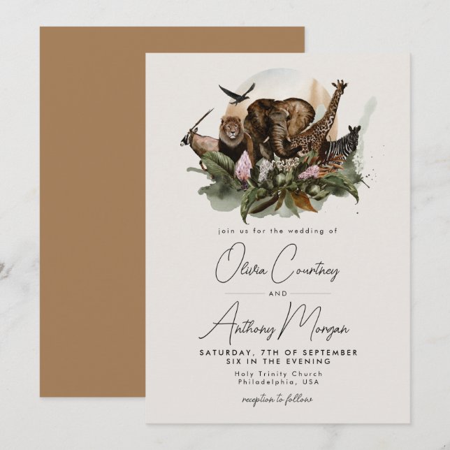 Invitación Boda de la jungla acuarela de Safari tropical (Anverso / Reverso)