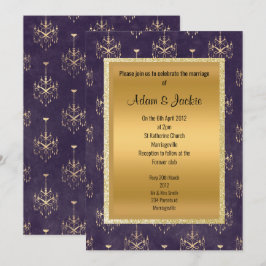 Invitación Boda de la lámpara de araña de oro púrpura toda oc
