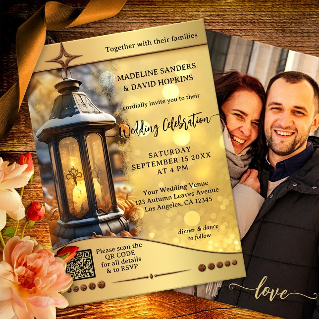 Invitación Boda de la Lantern Gold Sparkles (Boho fall wedding invitation featuring a festive lantern with pumpkins on sparkling gold + QR code)