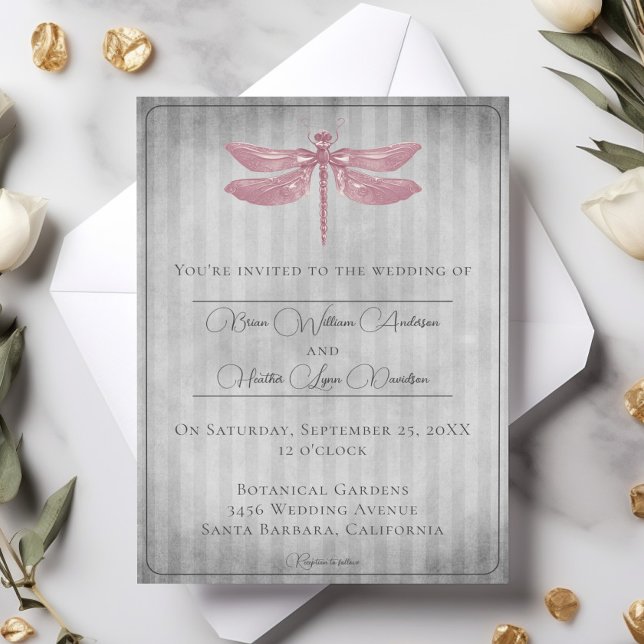 Invitación Boda de la libélula guiñada (Pink Jeweled Dragonfly Wedding Invitation)