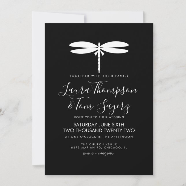Invitación Boda de la libélula moderna logotipo blanco negro (Anverso)