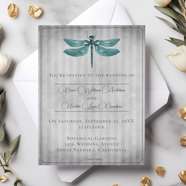 Invitación Boda de la libélula verde azulada (Teal Jeweled Dragonfly Wedding Invitation)