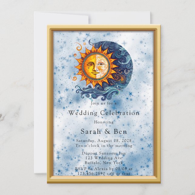 Invitación Boda de la luna azul amarillo celeste amarillo azu (Anverso)