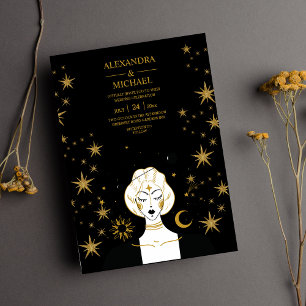 Invitación Boda de la Luna Celestial de Oro Negro Místico