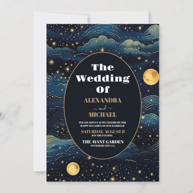 Invitación Boda de la luna de las estrellas azules de la medi (Anverso)