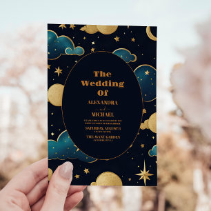 Invitación Boda de la luna de las estrellas azules de la medi