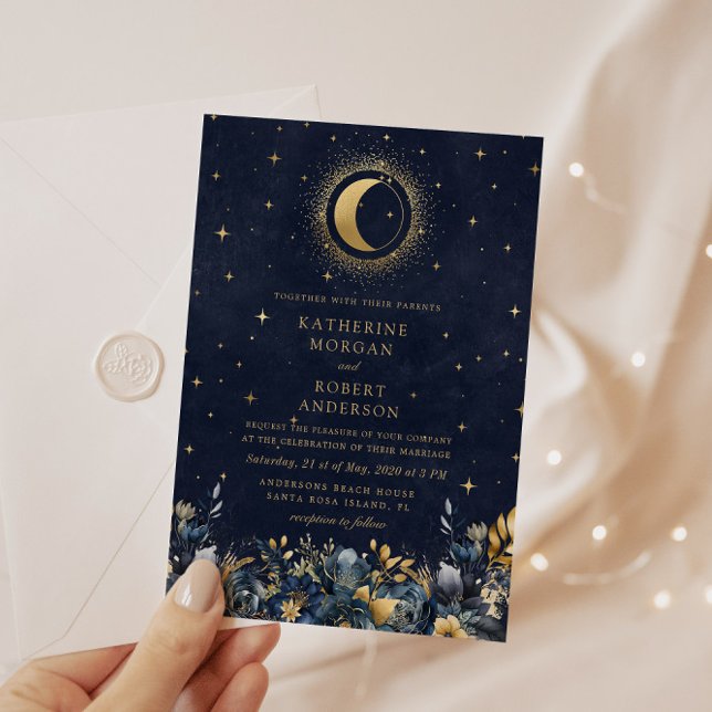 Invitación Boda de la luna de las estrellas celestes azules f (Subido por el creador)
