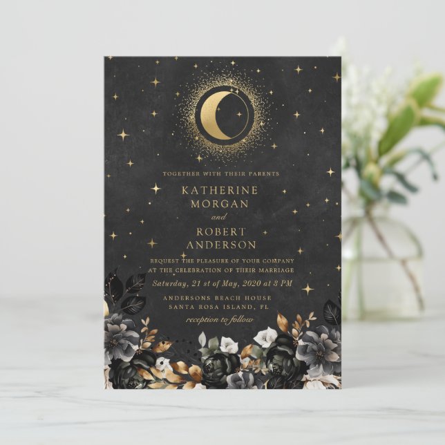 Invitación Boda de la luna de las estrellas negras celestes f (Anverso de pie)