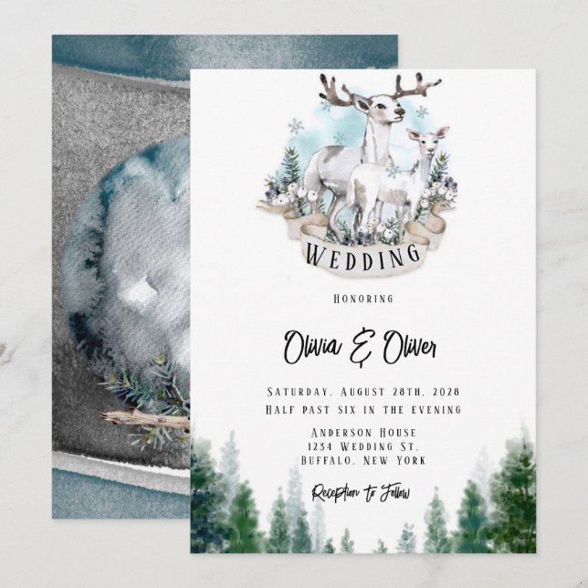 Invitación Boda De La Luna De Lechuza De Nieve De Invierno (Anverso / Reverso)