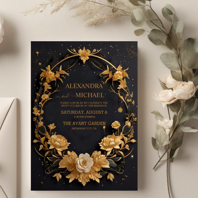 Invitación Boda de la Luna de Oro Celestial Negra (Subido por el creador)