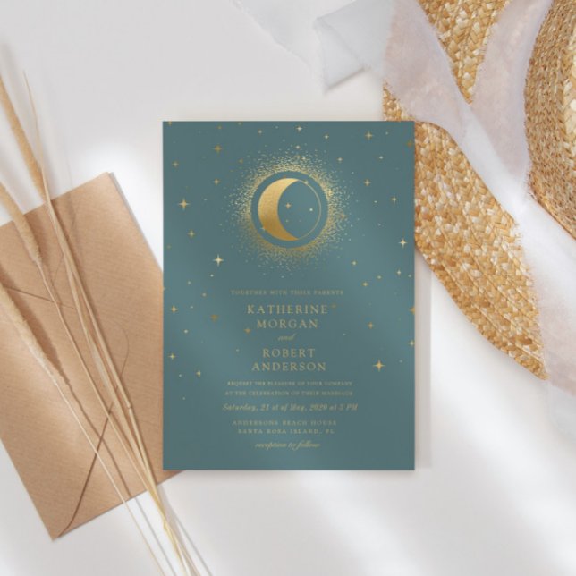 Invitación Boda de la Luna de Oro Celestial Pastel (Subido por el creador)