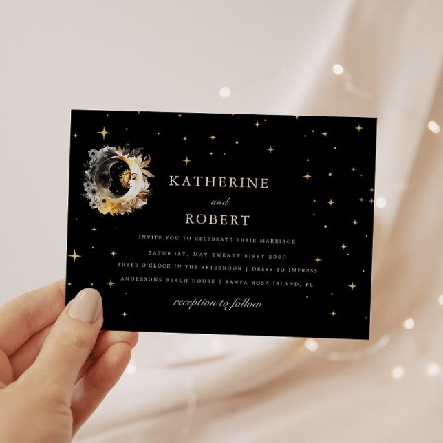 Invitación Boda de la luna de oro negro celestial (Subido por el creador)