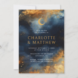 Invitación Boda de la Luna Dorada Azul Abstracto Celeste