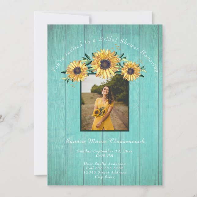 Invitación Boda de la Madera de Aqua, un girasol ruso, ducha  (Anverso)