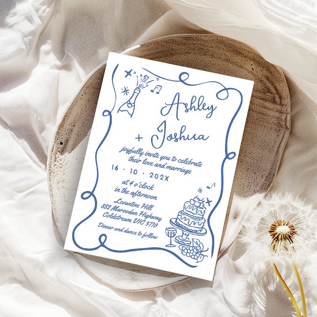 Invitación Boda de la mano dibujada por la singular botella d (Whimsical Blue hand Drawn Wedding Invitation, Wedding Cake, Blue Doodle Wedding Invitation, Bottle)