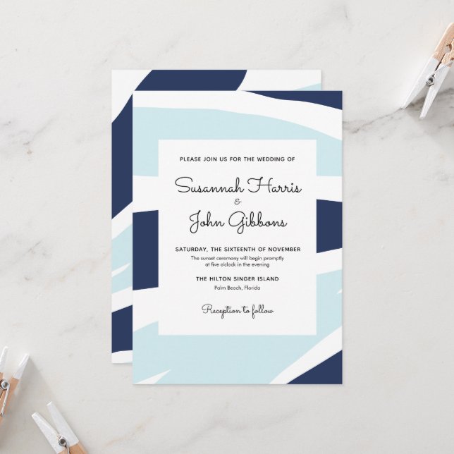 Invitación Boda de la Marina Abstracta Moderna y Azul Claro (Anverso/Reverso In Situ)