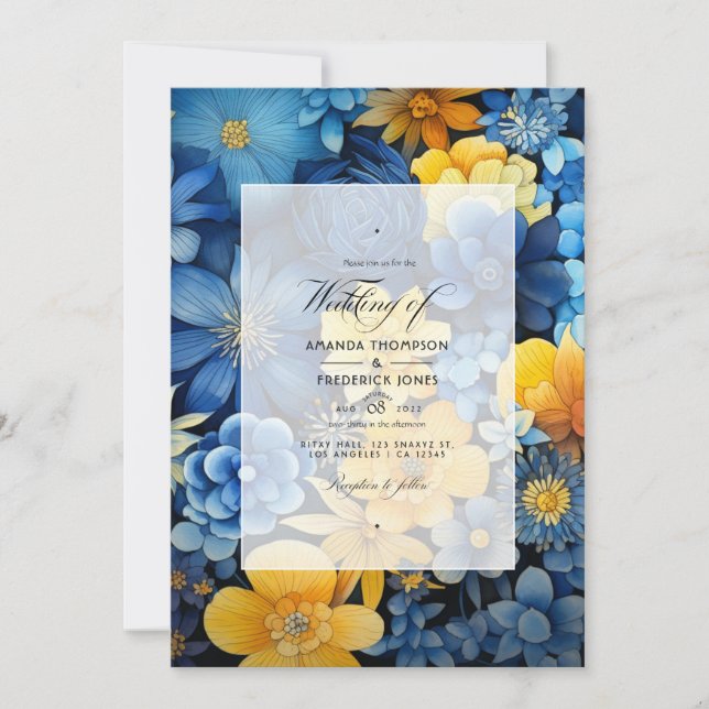 Invitación Boda de la Marina, Amarillo y Floral Azul (Anverso)
