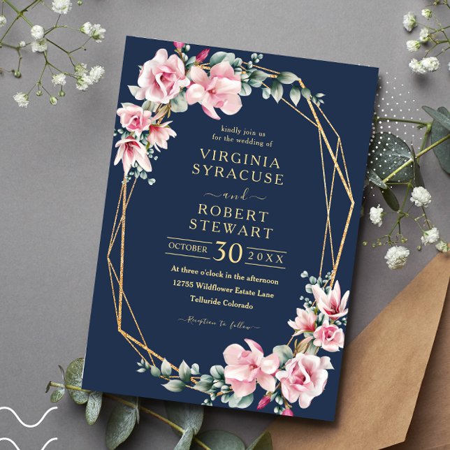 Invitación Boda de la Marina Azul Geométrica de Magnolia Rosa (Subido por el creador)